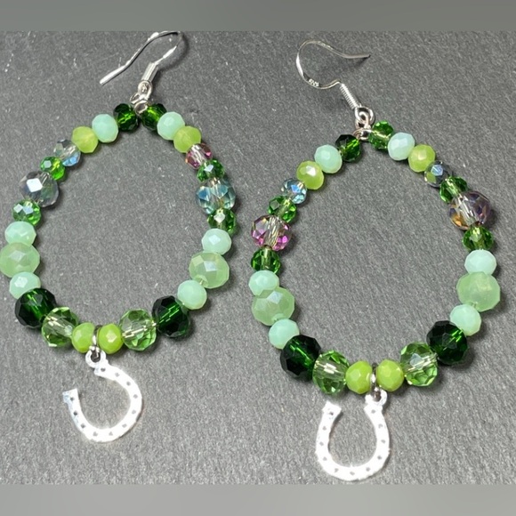 Lucky Horse Shoe Green Czech Crystal Hoop Earrings - Picture 2 of 11